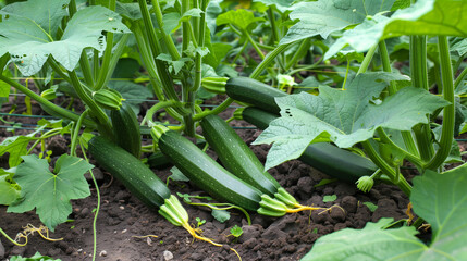Obraz premium Zucchini growing (for salad) in beds in the vegetable garden