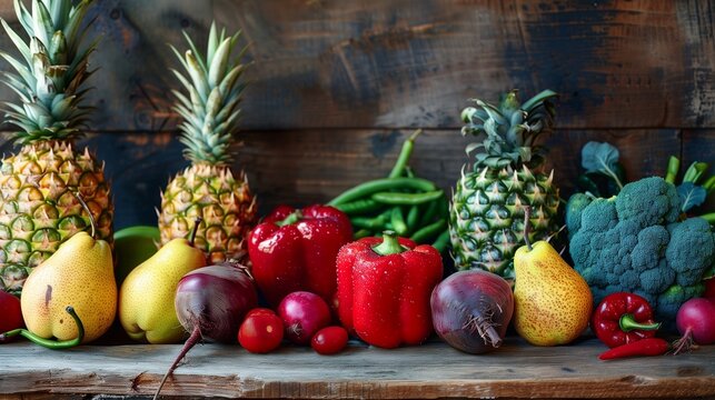 Copy Space for Text on the Left Side, Presenting a Rainbow of Freshly Picked Fruits and Vegetables, Including Ruby Red Peppers, Golden Pineapples, Emerald Broccoli, and Deep Purple
