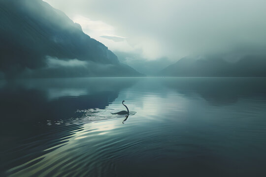 A vast lake with a long necked dragon on its surface, 