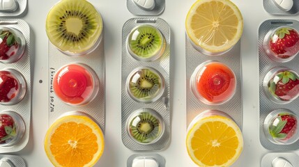 Vitamin pills and sliced citrus fruits in packaging. Wellness and healthy lifestyle concept. Design for health food stores, nutrition guides - obrazy, fototapety, plakaty