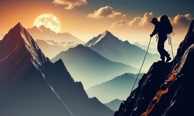 An intrepid adventurer ascends a steep mountain face, guided by the light of a full moon. The moon casts a serene glow over the sharp ridges and deep valleys of the mountain range. - obrazy, fototapety, plakaty