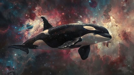Illustration of an orca leaping towards a Sputnik satellite, nebulae and galaxies- - obrazy, fototapety, plakaty