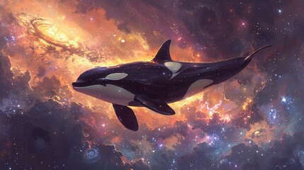 Illustration of an orca leaping towards a Sputnik satellite, nebulae and galaxies-
