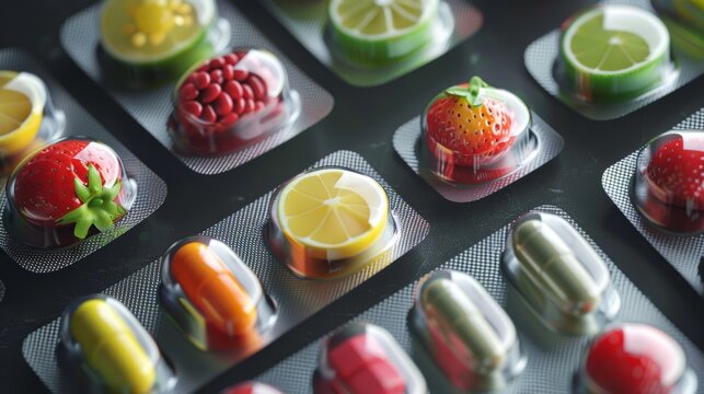 Assorted fruits and pills in blister packs. Health and nutrition concept. Design for healthcare, pharmacy, and dieting brochures.