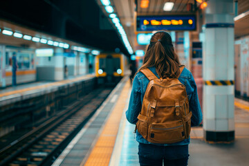 Una mujer espera el tren en un andén con un tren llegando por las vías
