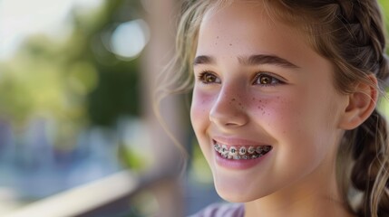 Happy young girl with braces smiling outdoors. Close-up portrait with natural backlight.