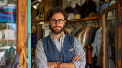 Stylish man with glasses posing at vintage clothing shop entrance. Casual fashion portrait. Small business and personal style concept. - obrazy, fototapety, plakaty