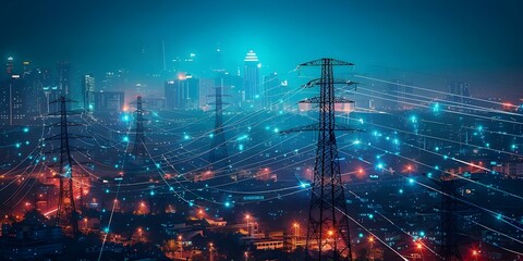 "Smart Grid Technology in Urban Areas: Powering Up with High-Powered Electricity Poles". Concept Smart Grid Technology, Urban Infrastructure, Electricity Poles, Energy Efficiency, Sustainable Cities
