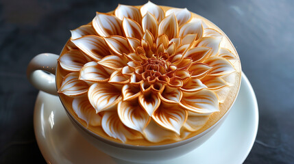 A close-up view of a coffee cup adorned with an intricate latte art design resembling a blooming flower, set against a dark background. The skillful craftsmanship and attention to detail make this cof