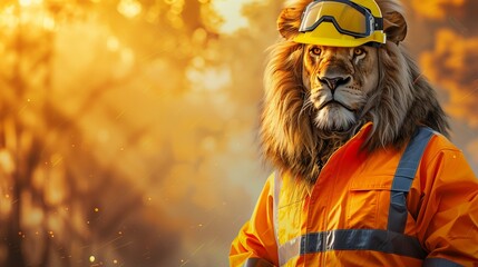 A dignified lion, clad in a bright safety jacket and yellow helmet, stands as a guardian of safety on World Safety Day.