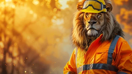 Fotobehang A dignified lion, clad in a bright safety jacket and yellow helmet, stands as a guardian of safety on World Safety Day. © Muhammad