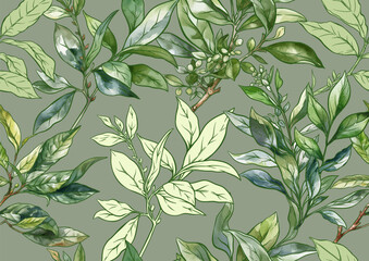 Branch with leaves of green tea. Seamless pattern, background. Vector illustration. In botanical style