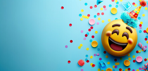 An emoji with a party hat and confetti, indicating celebration or festivity, on a blue background with
