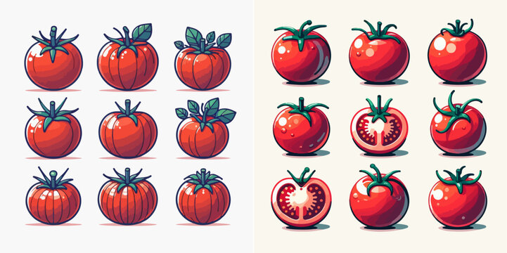 set of 6 tomatoes in a simple and minimalist cartoon vector style. plain white background