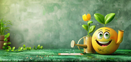 An emoji with a sprout and watering can, representing growth or gardening, on a green background with