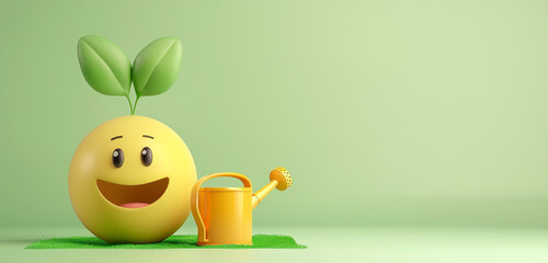 An emoji with a sprout and watering can, representing growth or gardening, on a green background with