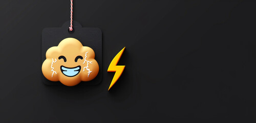 An emoji with a thundercloud and lightning bolt, representing storms or electricity, on a black background with