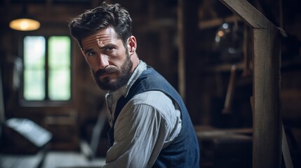 A man with a beard and a vest is standing in a dark room. He looks serious and is looking at the camera