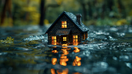 Environmental disasters and floods. A flooded house is standing in water