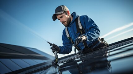 A man is working on a roof, spraying a sealant on it