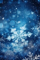 Blue Sparkling Winter Wonderland Background, Snow, Snowflakes, Bokeh, Vertical Christmas Illustration.  Generative AI.
