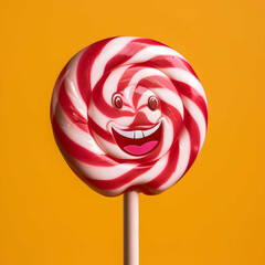 Sweet spiral-shaped colorful lollipop lying in the center, isolated on orange background, top view. - obrazy, fototapety, plakaty
