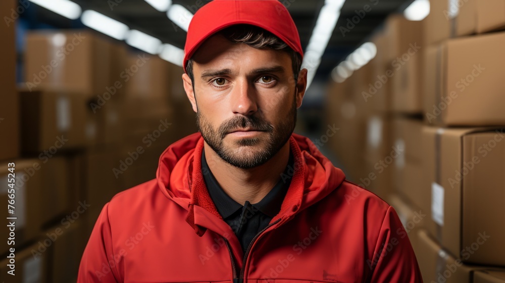 Poster a man in a red shirt and backpack is smiling in front of a stack of boxes