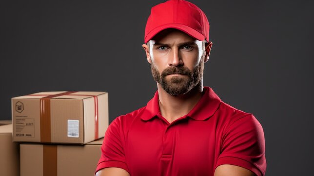 A man in a red shirt and backpack is smiling in front of a stack of boxes