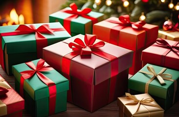 Fototapeta premium Set of some gift boxes. Happy Birthday concept. Christmas. Happy woman's day. Mothers Day. Front view.