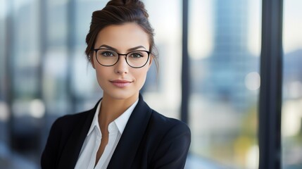A woman in a business suit stands in front of a window, looking out at the city
