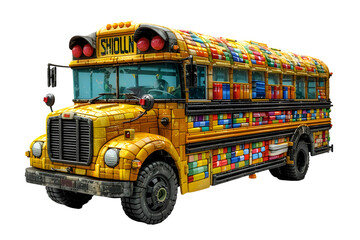 A 3D animated cartoon render of a colorful school bus filled with books and desks.