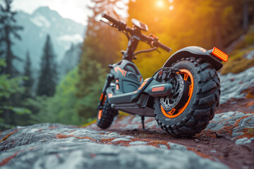 An electric scooter stands on a rocky trail in a forest - obrazy, fototapety, plakaty
