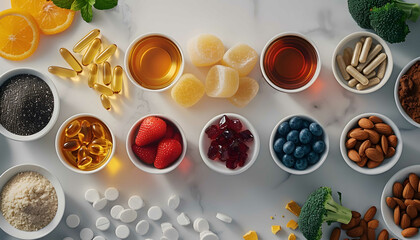 A flat lay of cold and flu remedies including syrups tablets and tissues. - obrazy, fototapety, plakaty