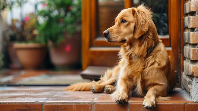Golden retriever sitting on a porch. Thoughtful pet and home guardian concept.