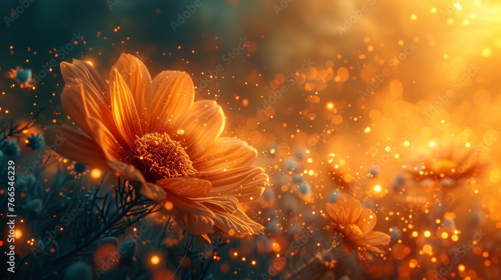Poster golden flowers bask in the ethereal glow of a setting sun, with sparkling bokeh creating a magical, 