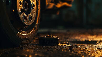 Automotive brake disc and caliper on oily workshop floor with sparkling metal. - obrazy, fototapety, plakaty