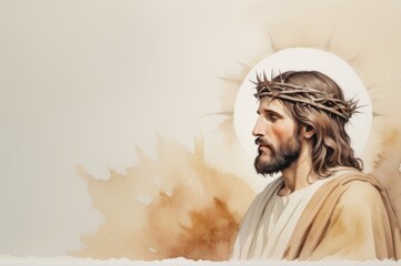 Obraz premium Jesus Christ with the crown of thorns, Soft watercolor painting, minimalistic, off-white background