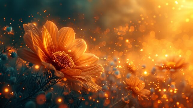 Golden flowers bask in the ethereal glow of a setting sun, with sparkling bokeh creating a magical, tranquil scene.