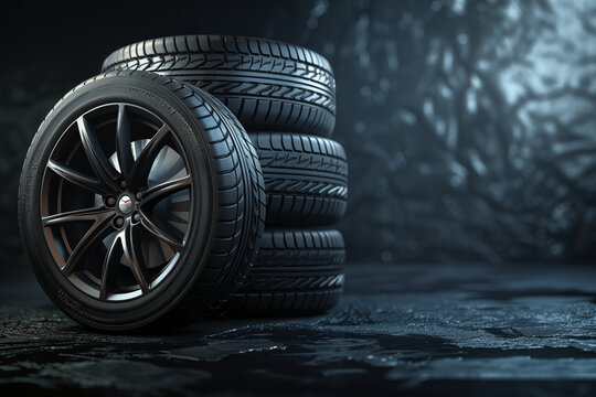 Tires isolated on dark background, space for banner text
