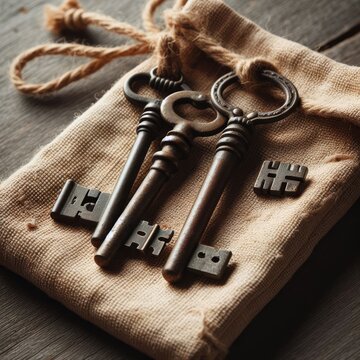 A collection of vintage keys rests on a rustic canvas bag, hinting at untold stories and past secrets. The image captures a nostalgic charm and the mystery of history.