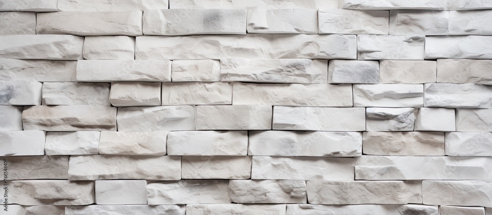 Poster a detailed view of a white brick wall showcasing the intricate pattern of rectangular composite mate