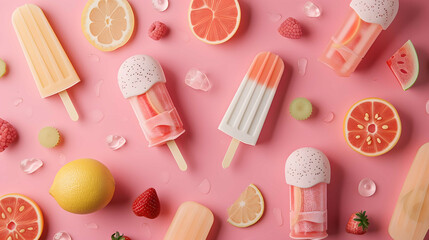 ice cream popsicles adorned with fresh fruit and berries, empty space around the popsicles, perfect...