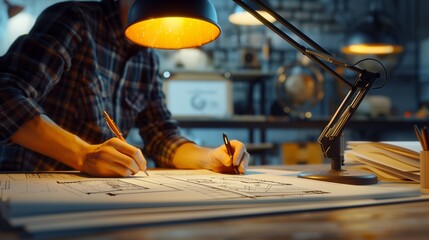 Blueprints to Reality An Architect's Hands Unrolling Detailed Architectural Plans on a Wooden Desk, Illuminated by Soft, Natural Light - This image begins its journey to creation.