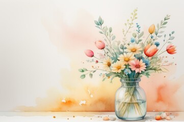 Tranquility, natural elegance, clean minimalistic soft watercolor painting  of spring flowers in a glass vase, off-white background