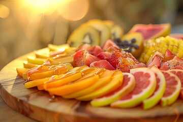 Eco-Friendly Gourmet Experience: Exotic Fruit Tasting Platter with Organic Honey Drizzle – This image features a wooden platter filled with slices of exotic fruits, each drizzled with organic honey. - Powered by Adobe