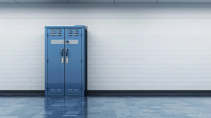 A blue locker room door is standing in front of a white wall
