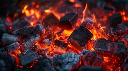 Foto op Canvas A pile of burning charcoal with a lot of smoke and fire © kitti
