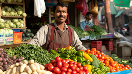 A man stands behind a table of vegetables, including tomatoes, peppers