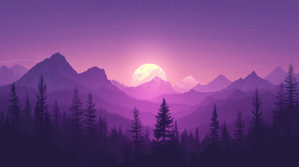 A purple mountain range with a large moon in the sky