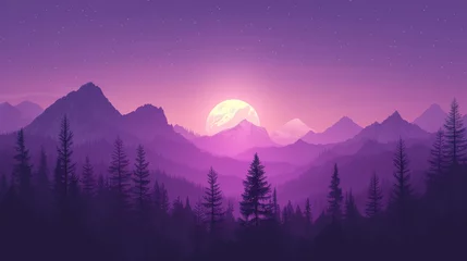Gordijnen A purple mountain range with a large moon in the sky © kitti